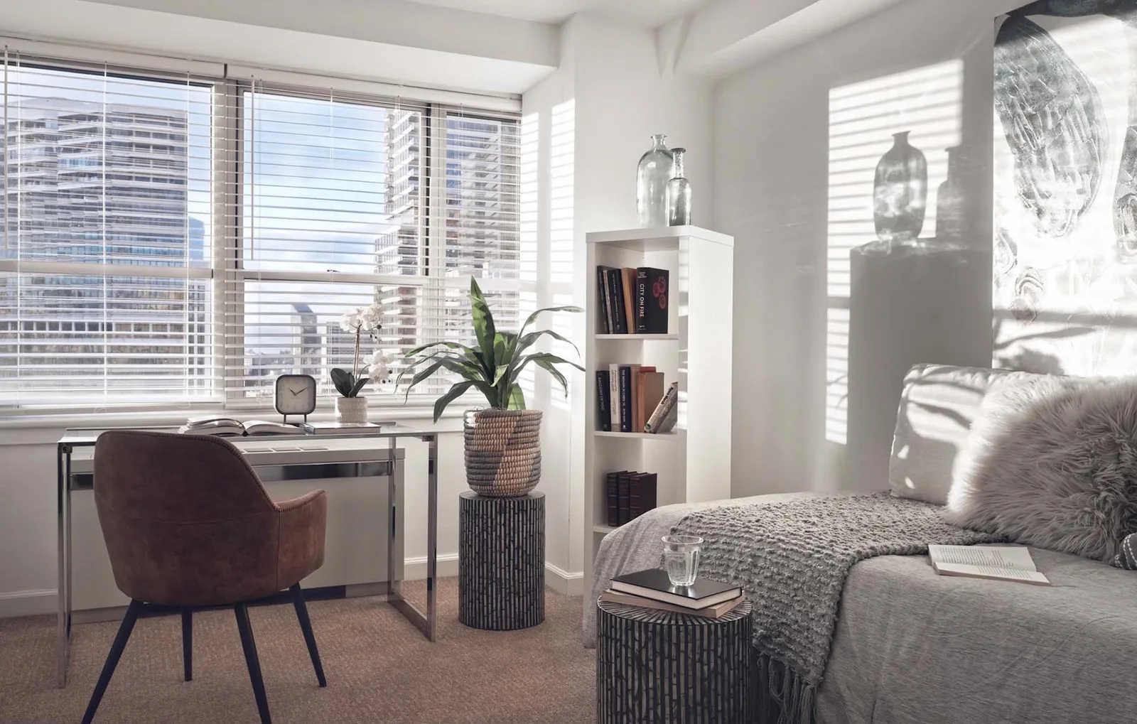 Contemporary living room with city views